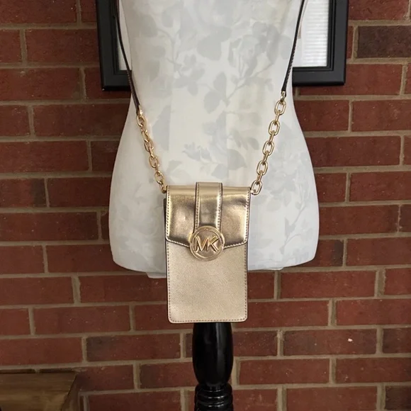 Michael Kors Carmen Logo Smartphone Gold Tone Crossbody Bag - Picture 1 of 7